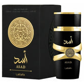 Zwart en goud parfumset van Lattafa Parfum Asad op een elegante presentatie
